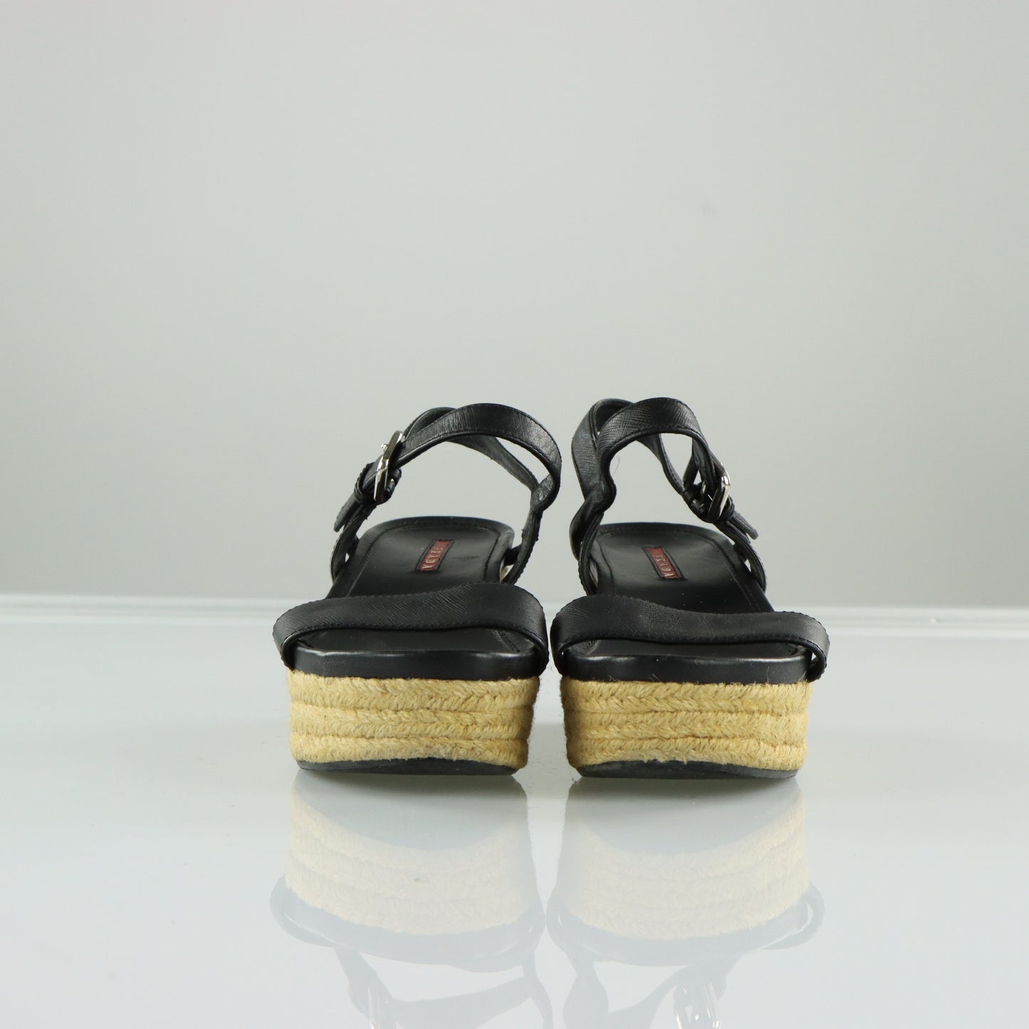PRADA Strappy Black Patent Leather Espadrille Wedges (37)
