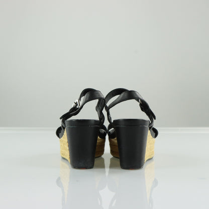 PRADA Strappy Black Patent Leather Espadrille Wedges (37)