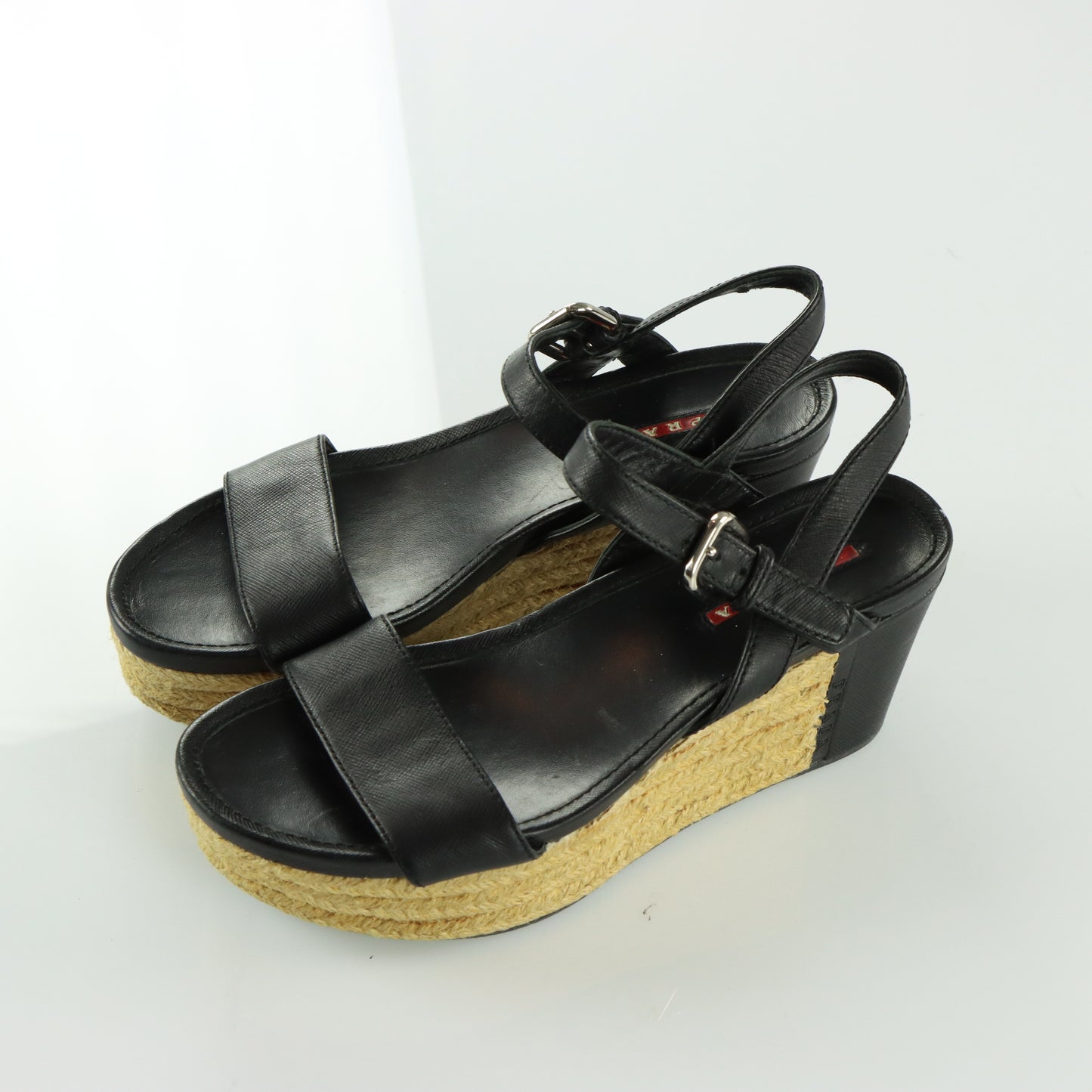 PRADA Strappy Black Patent Leather Espadrille Wedges (37)