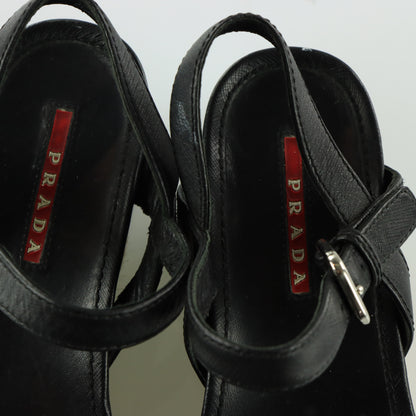 PRADA Strappy Black Patent Leather Espadrille Wedges (37)