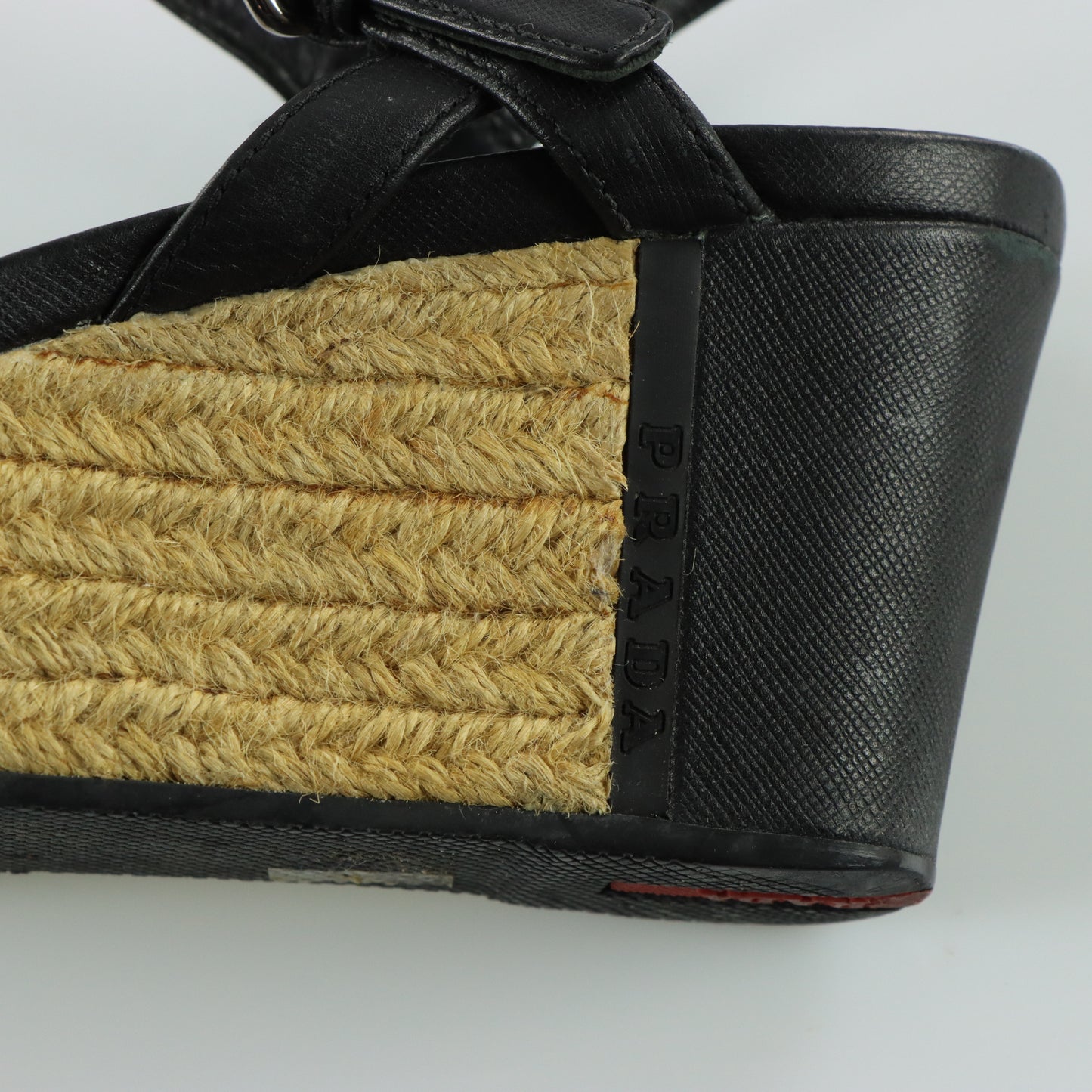 PRADA Strappy Black Patent Leather Espadrille Wedges (37)