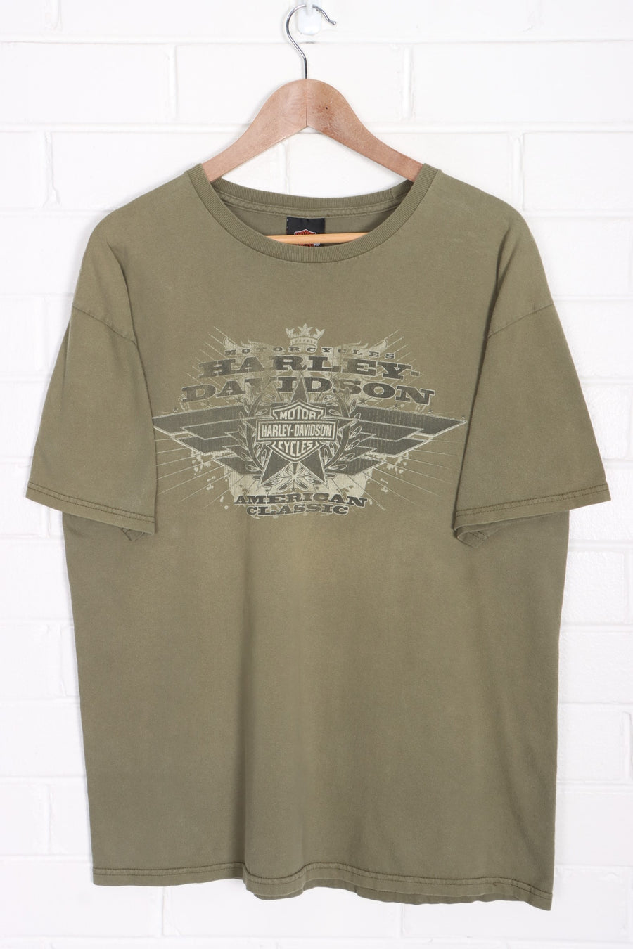 Big Island HARLEY DAVIDSON Army Green Front Back T-Shirt (L)