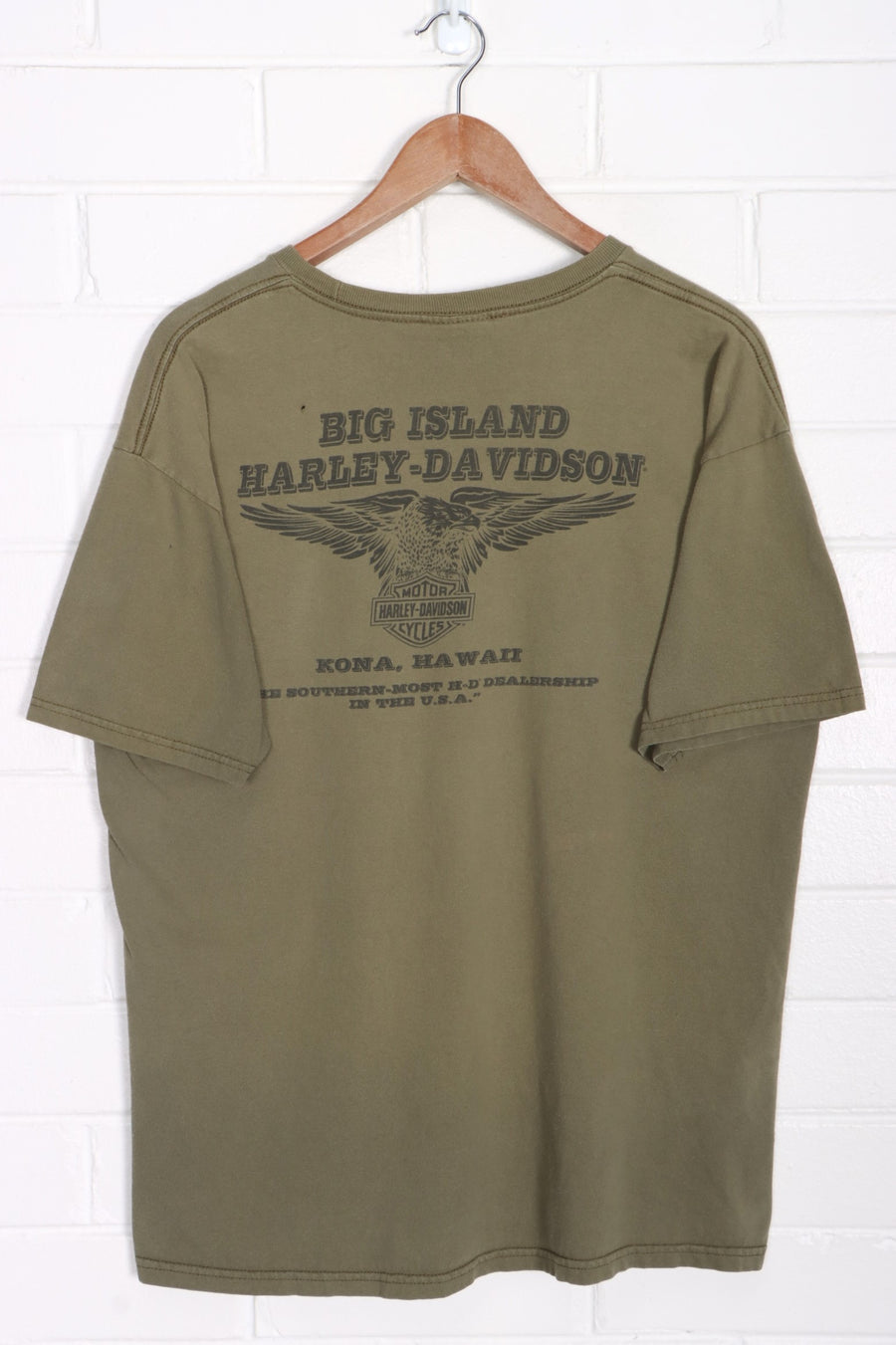 Big Island HARLEY DAVIDSON Army Green Front Back T-Shirt (L)