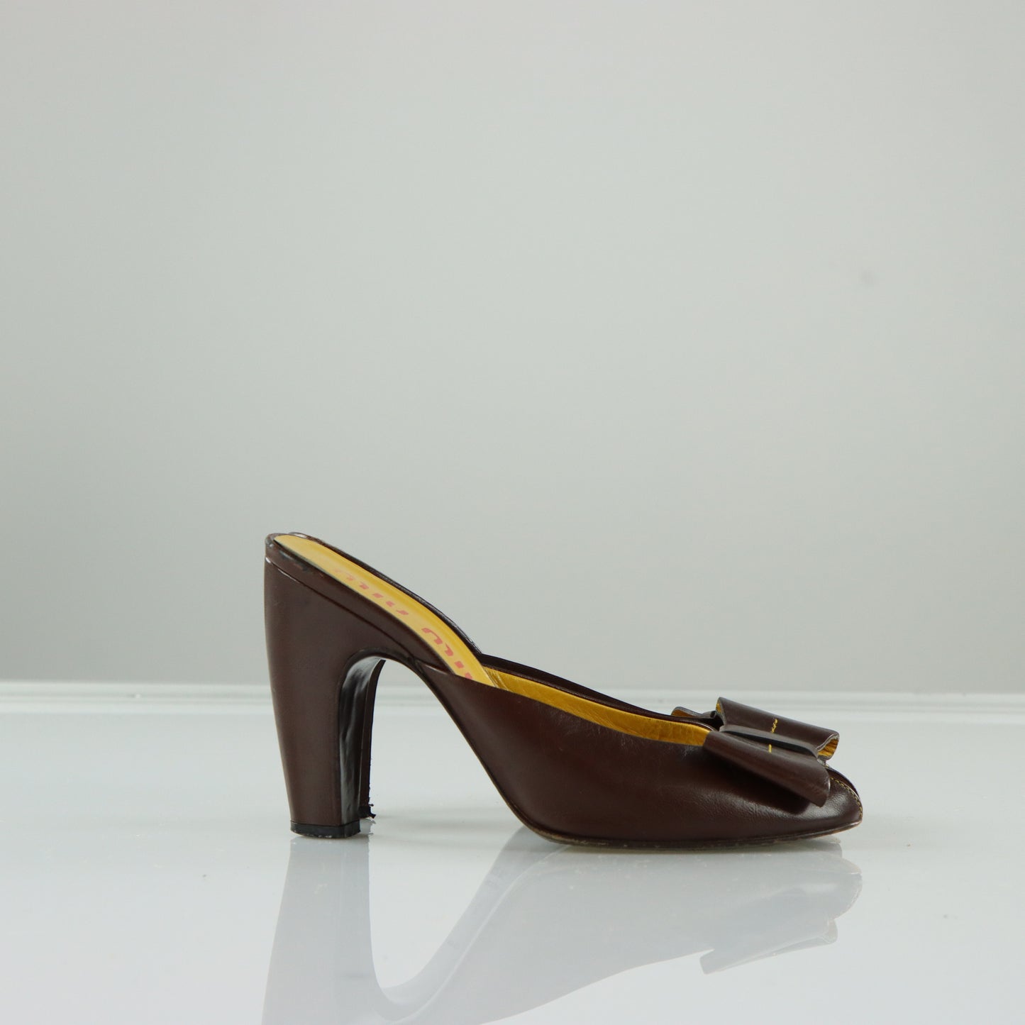 MIU MIU Vintage Brown Leather Bow Mule Heels (37)