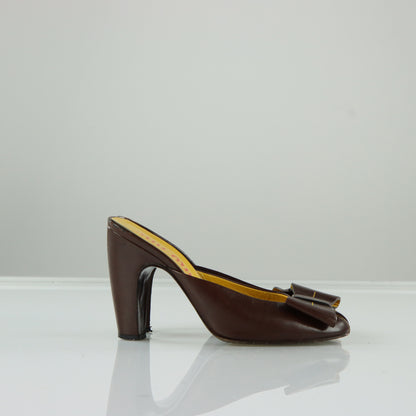MIU MIU Vintage Brown Leather Bow Mule Heels (37)