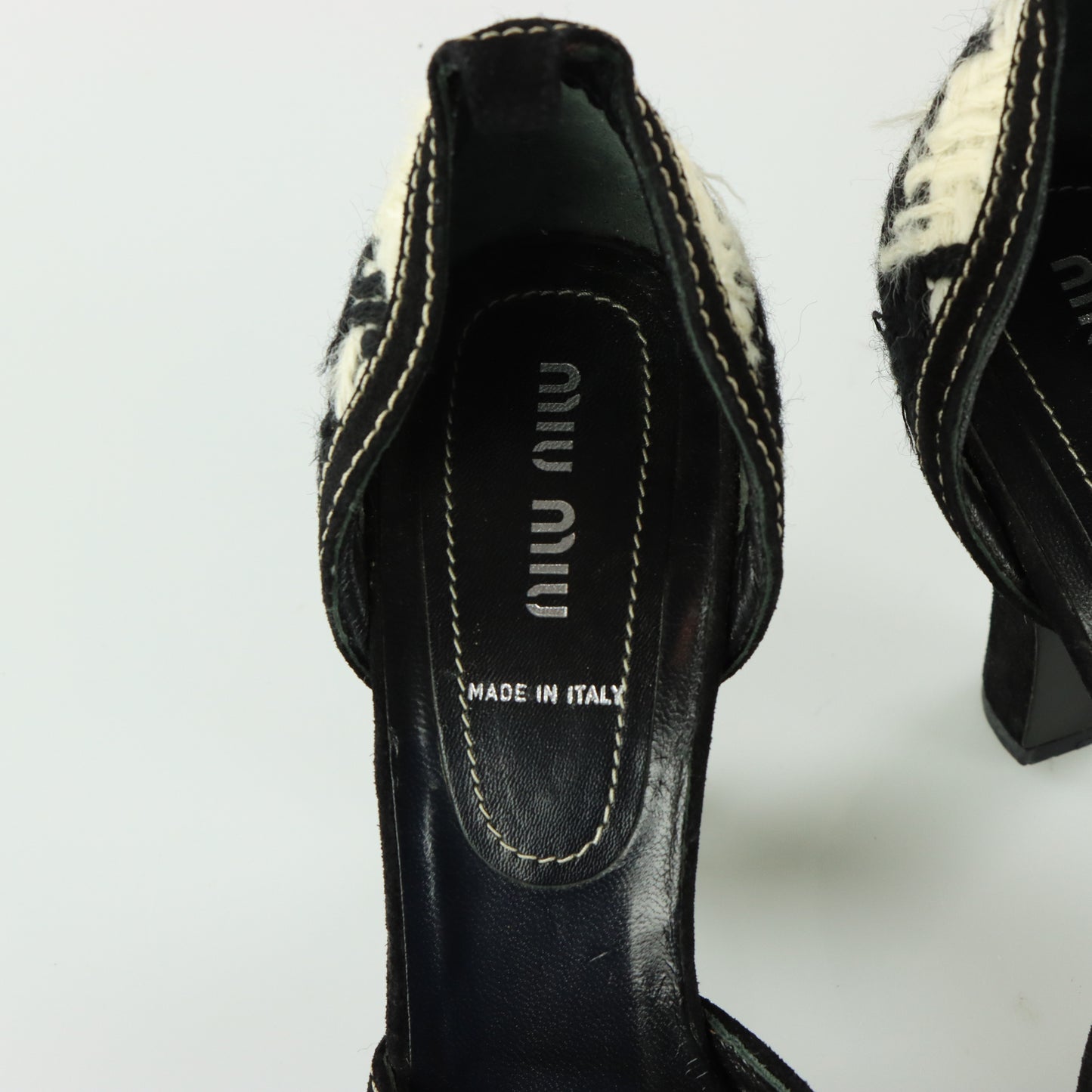 MIU MIU Tweed Suede Buckle Black & White Peep Toe Heels (38.5)