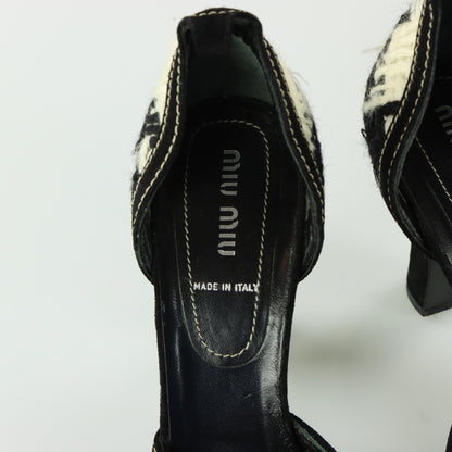 MIU MIU Tweed Suede Buckle Black & White Peep Toe Heels (38.5)