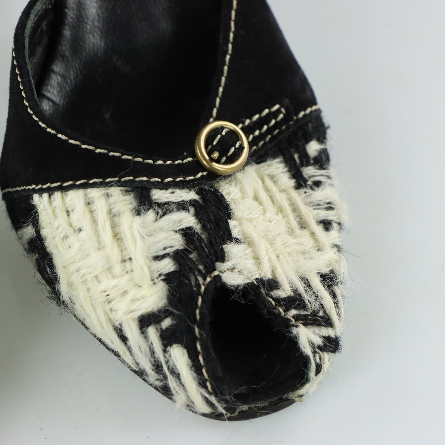 MIU MIU Tweed Suede Buckle Black & White Peep Toe Heels (38.5)