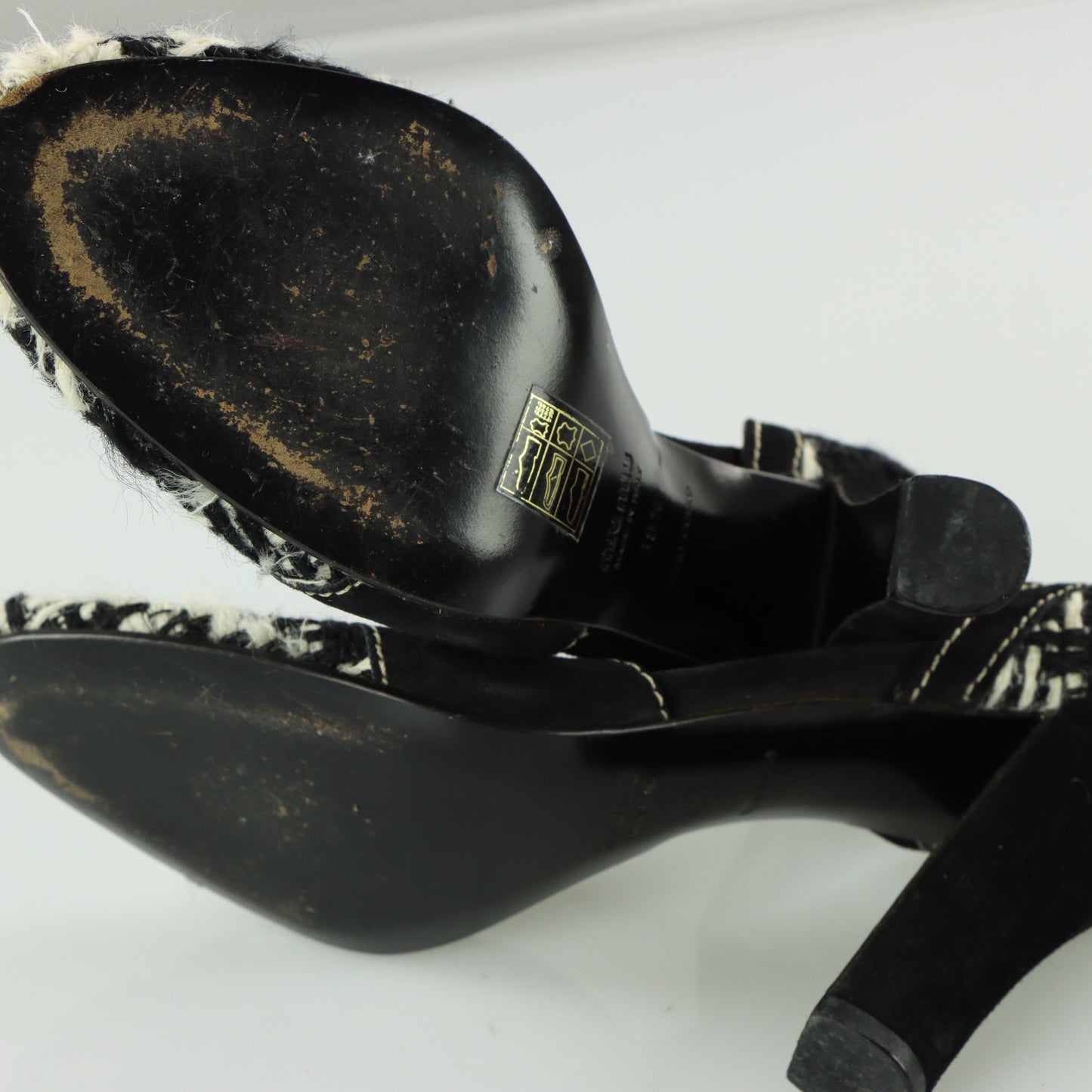 MIU MIU Tweed Suede Buckle Black & White Peep Toe Heels (38.5)