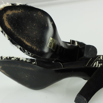 MIU MIU Tweed Suede Buckle Black & White Peep Toe Heels (38.5)