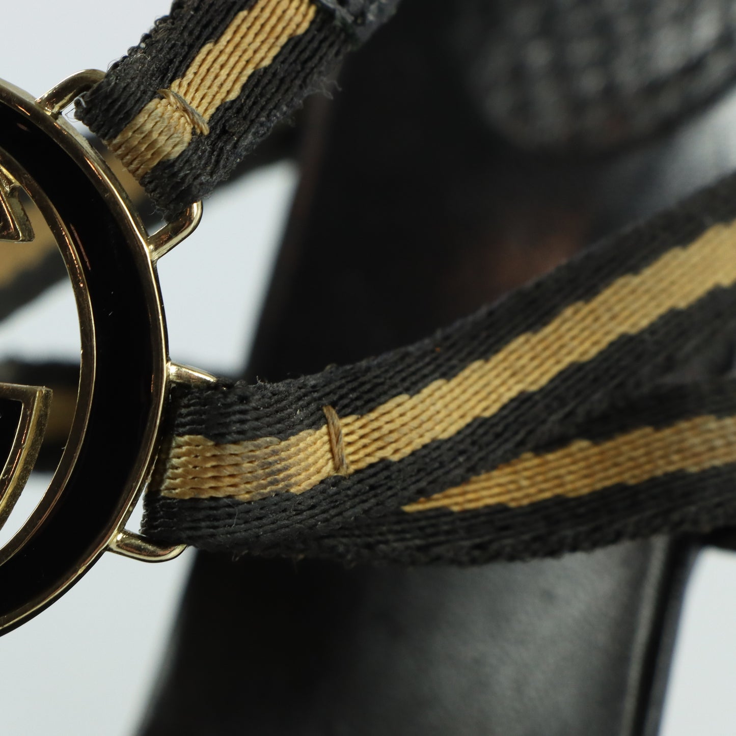 GUCCI Beige & Black Italian Made Gold GG Logo Strappy Sandal Heels (10)