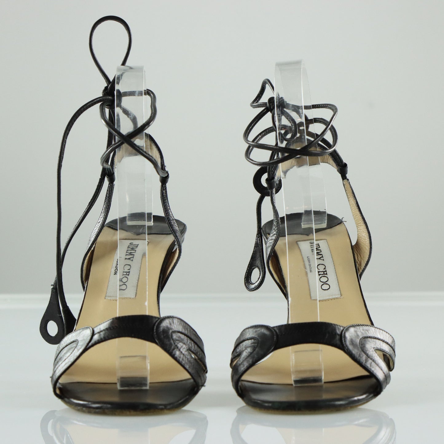 JIMMY CHOO Black Leather Italian Made Tie Strap Sandal Heels (40)