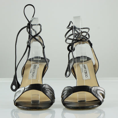 JIMMY CHOO Black Leather Italian Made Tie Strap Sandal Heels (40)
