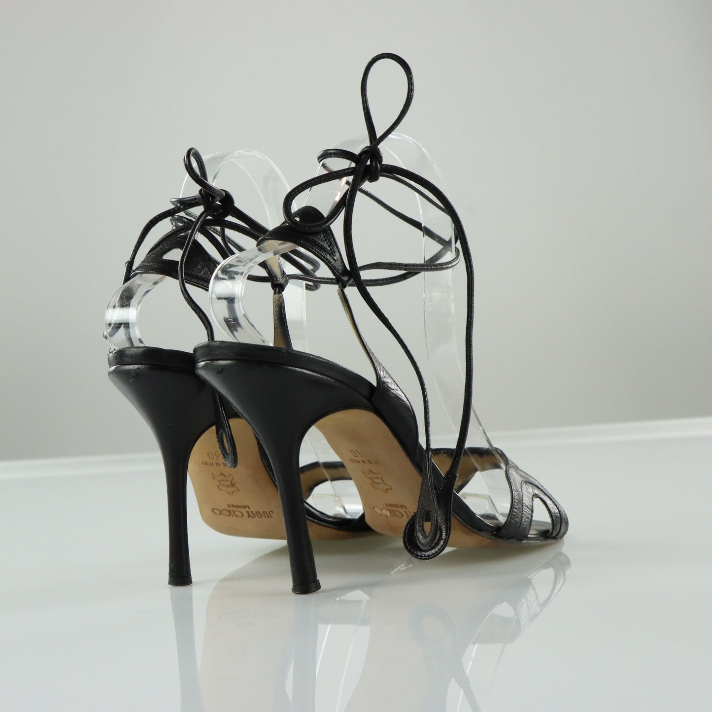JIMMY CHOO Black Leather Italian Made Tie Strap Sandal Heels (40)