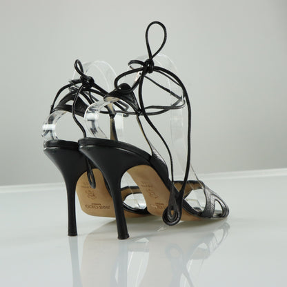 JIMMY CHOO Black Leather Italian Made Tie Strap Sandal Heels (40)