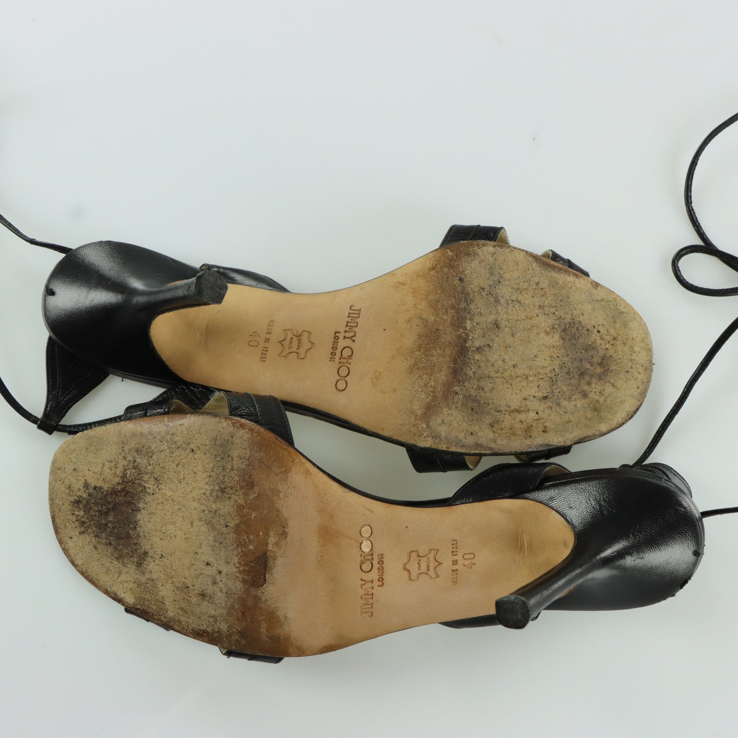 JIMMY CHOO Black Leather Italian Made Tie Strap Sandal Heels (40)