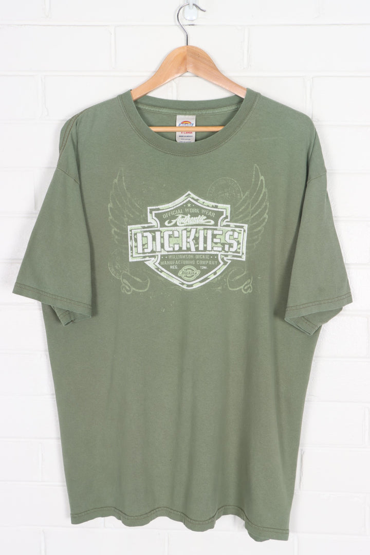 DICKIES Camo Green Spell Out Logo Y2K T-Shirt (XL)
