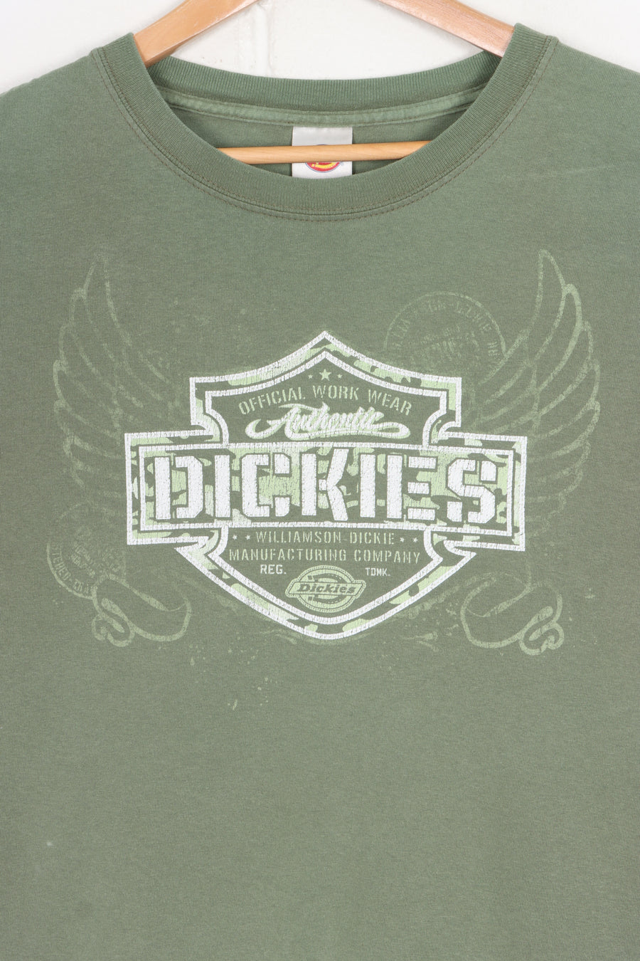 DICKIES Camo Green Spell Out Logo Y2K T-Shirt (XL)