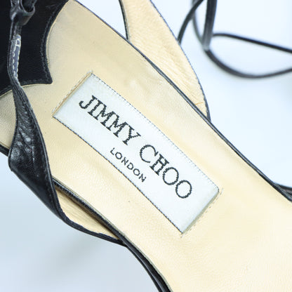 JIMMY CHOO Black Leather Italian Made Tie Strap Sandal Heels (40)