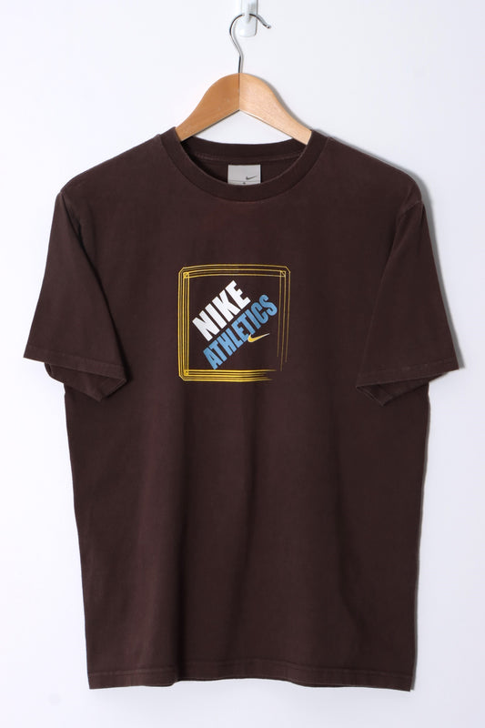 NIKE Athletics Square Logo Brown T-Shirt Canada Made (S)