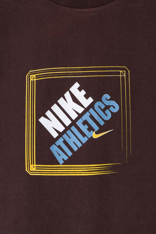 NIKE Athletics Square Logo Brown T-Shirt Canada Made (S)