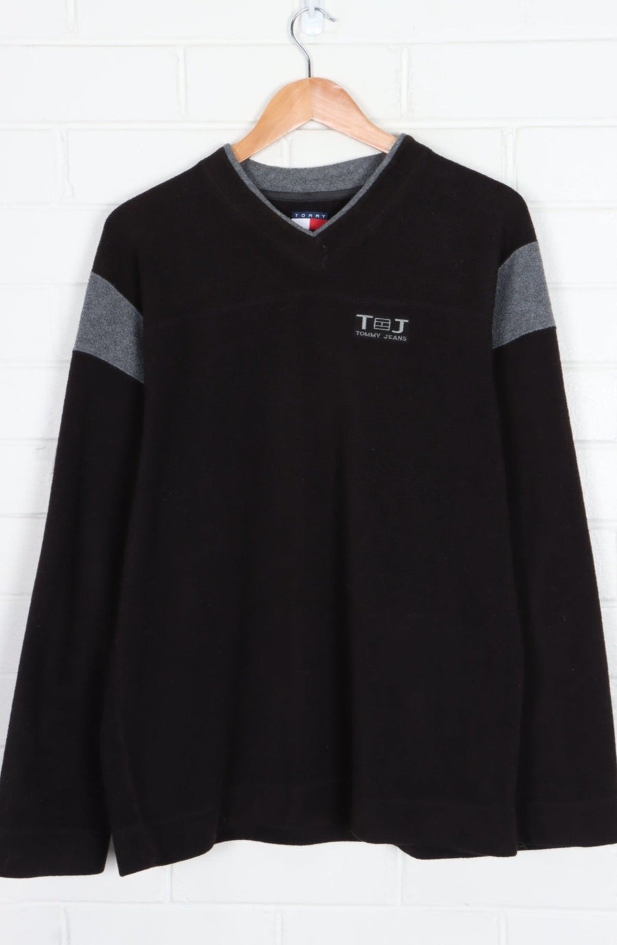 TOMMY HILFIGER JEANS Black & Grey V-Neck Fleece Pullover (L)