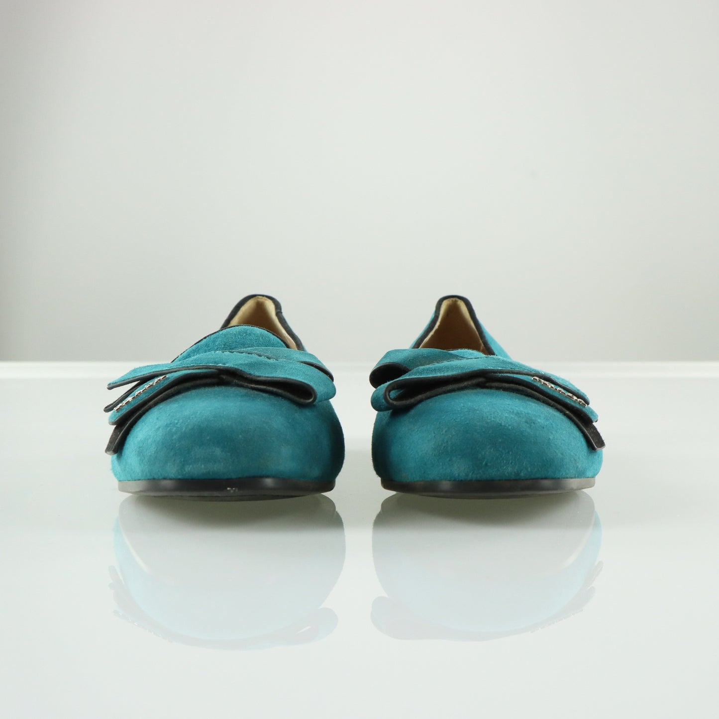 PRADA Teal Suede Bow Detail & Silver Brand Charm Ballet Flats (40)