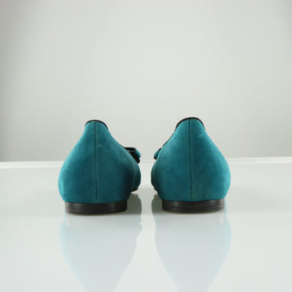 PRADA Teal Suede Bow Detail & Silver Brand Charm Ballet Flats (40)
