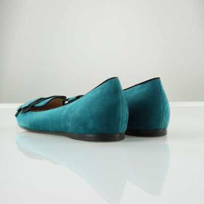 PRADA Teal Suede Bow Detail & Silver Brand Charm Ballet Flats (40)