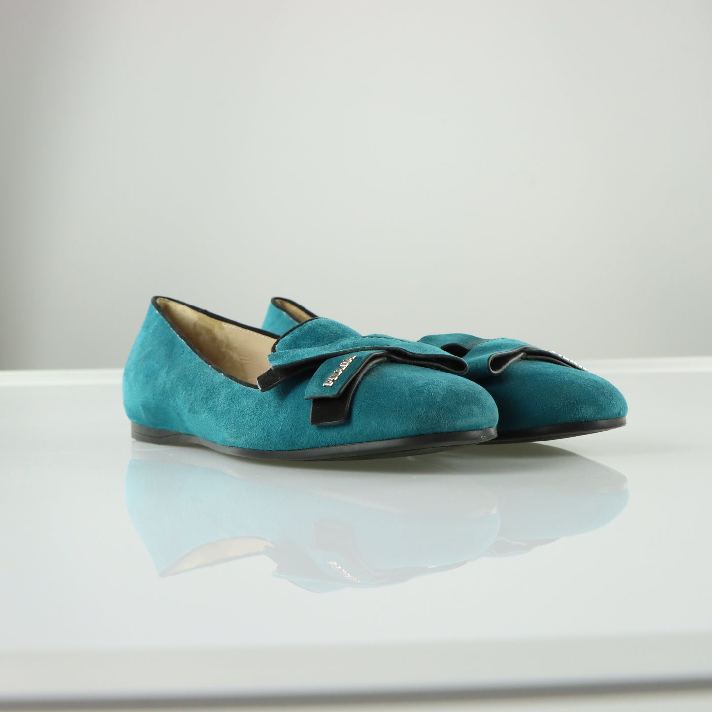 PRADA Teal Suede Bow Detail & Silver Brand Charm Ballet Flats (40)
