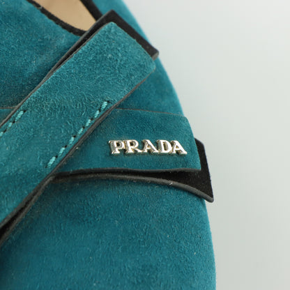 PRADA Teal Suede Bow Detail & Silver Brand Charm Ballet Flats (40)