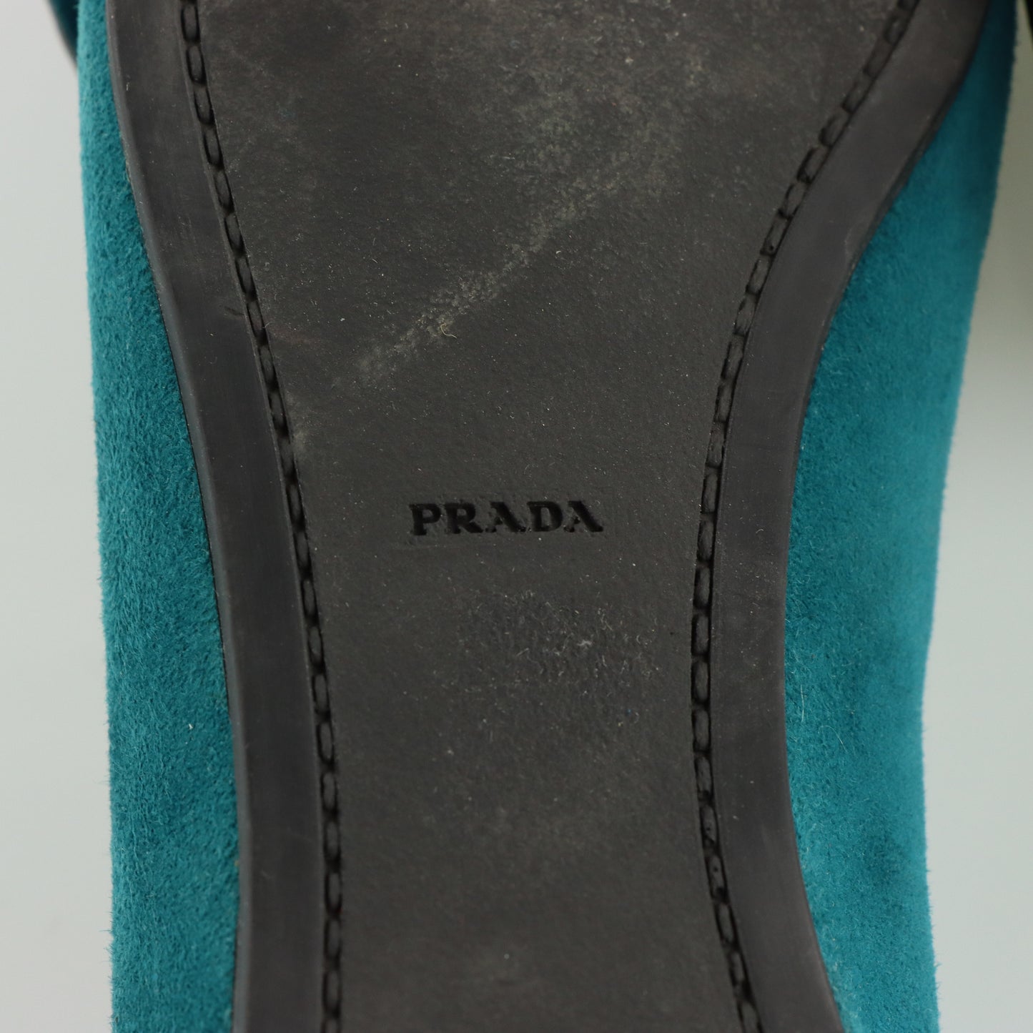 PRADA Teal Suede Bow Detail & Silver Brand Charm Ballet Flats (40)