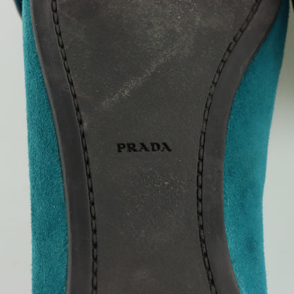 PRADA Teal Suede Bow Detail & Silver Brand Charm Ballet Flats (40)
