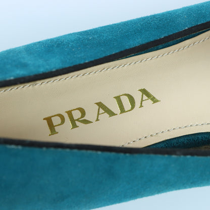 PRADA Teal Suede Bow Detail & Silver Brand Charm Ballet Flats (40)