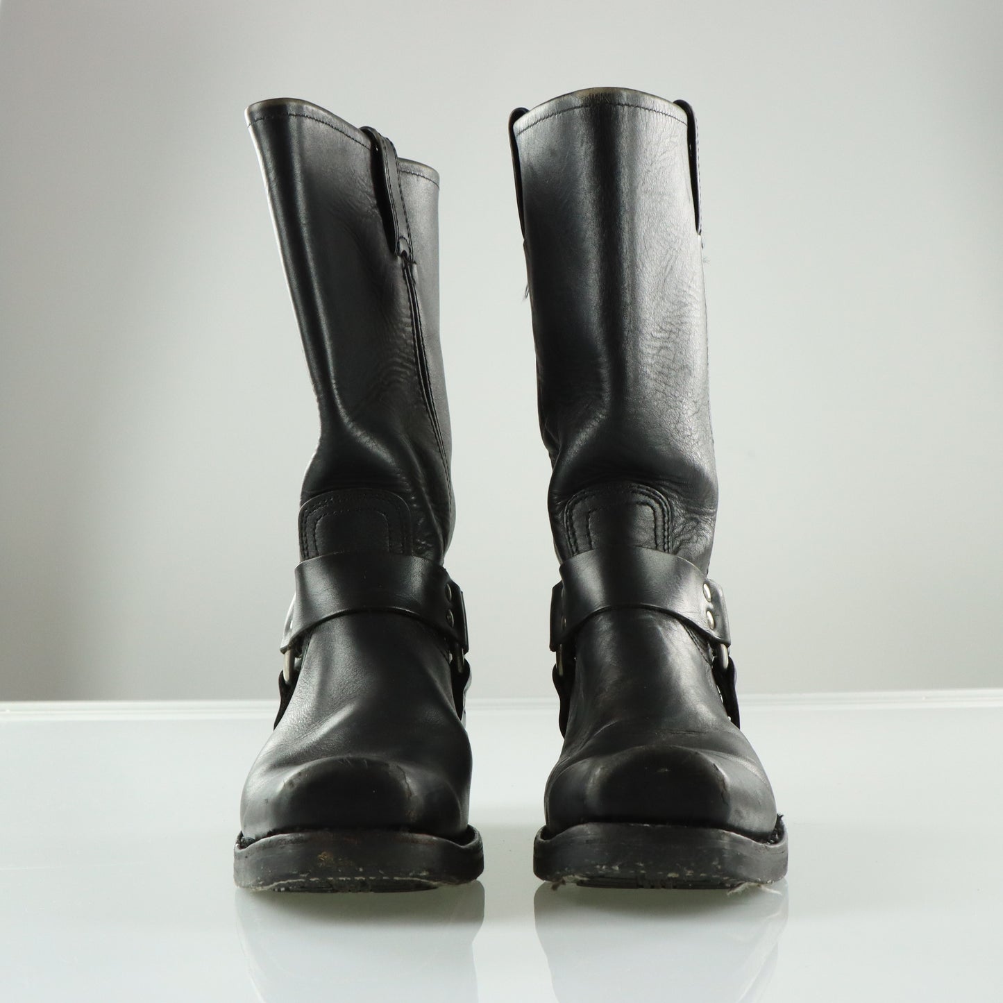 FRYE Black & Silver Harness Leather Motorcycle Boots (9.5)