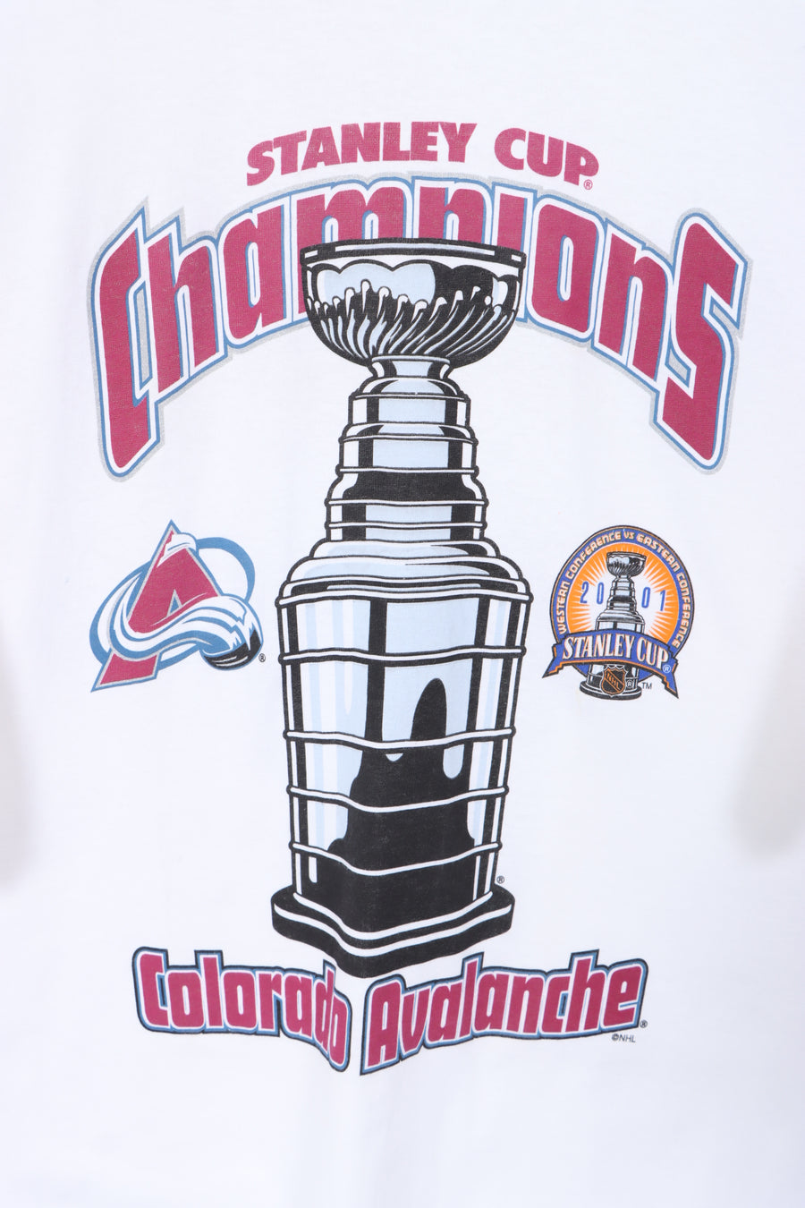 Stanley Cup Champions 2001 Colorado Avalanche NHL Hockey White T-Shirt (XL-XXL)