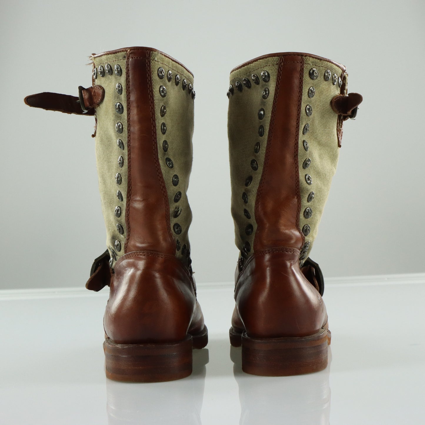 FRYE Brown Leather & Beige Canvas Studded Buckle Boots (8.5)