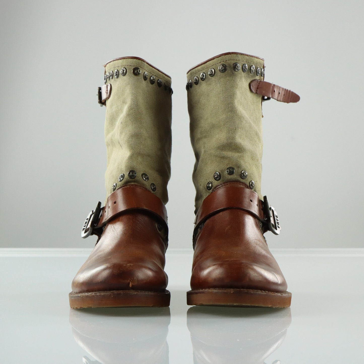 FRYE Brown Leather & Beige Canvas Studded Buckle Boots (8.5)