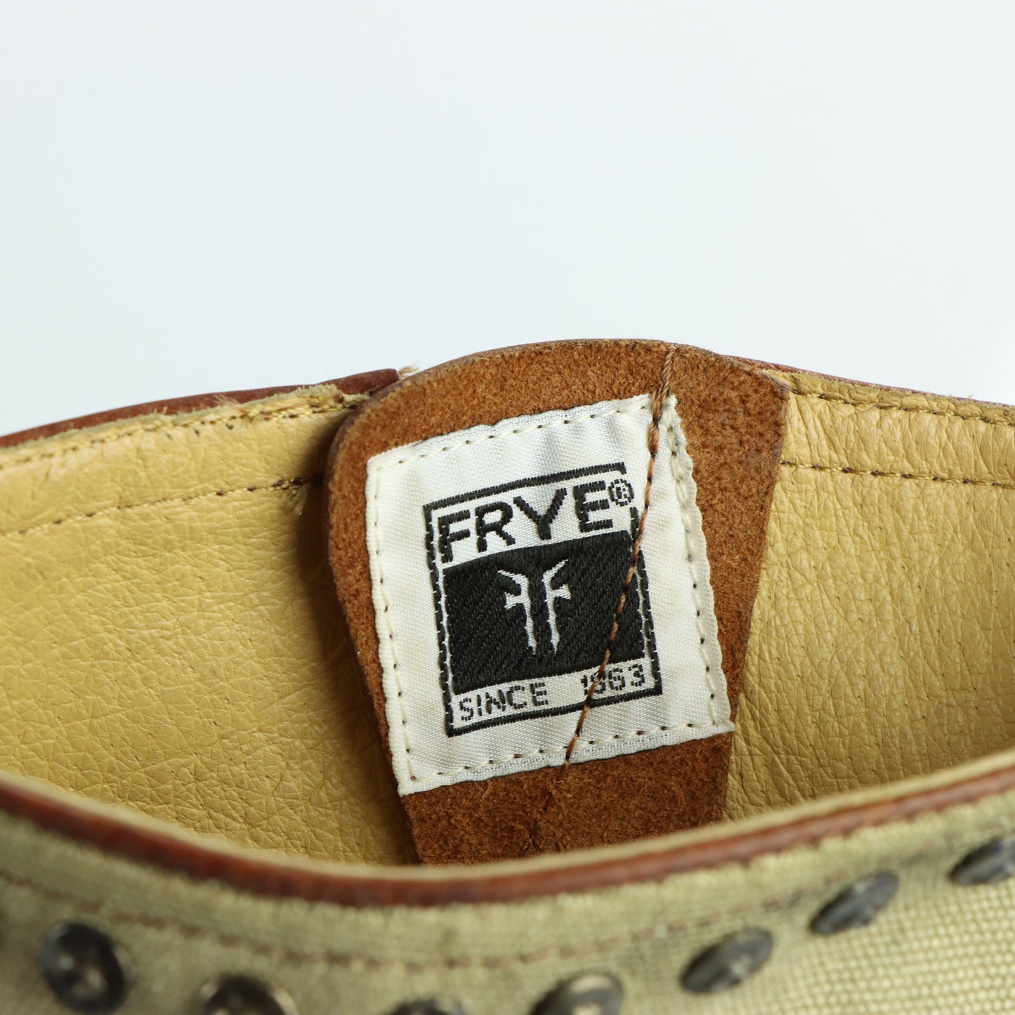 FRYE Brown Leather & Beige Canvas Studded Buckle Boots (8.5)
