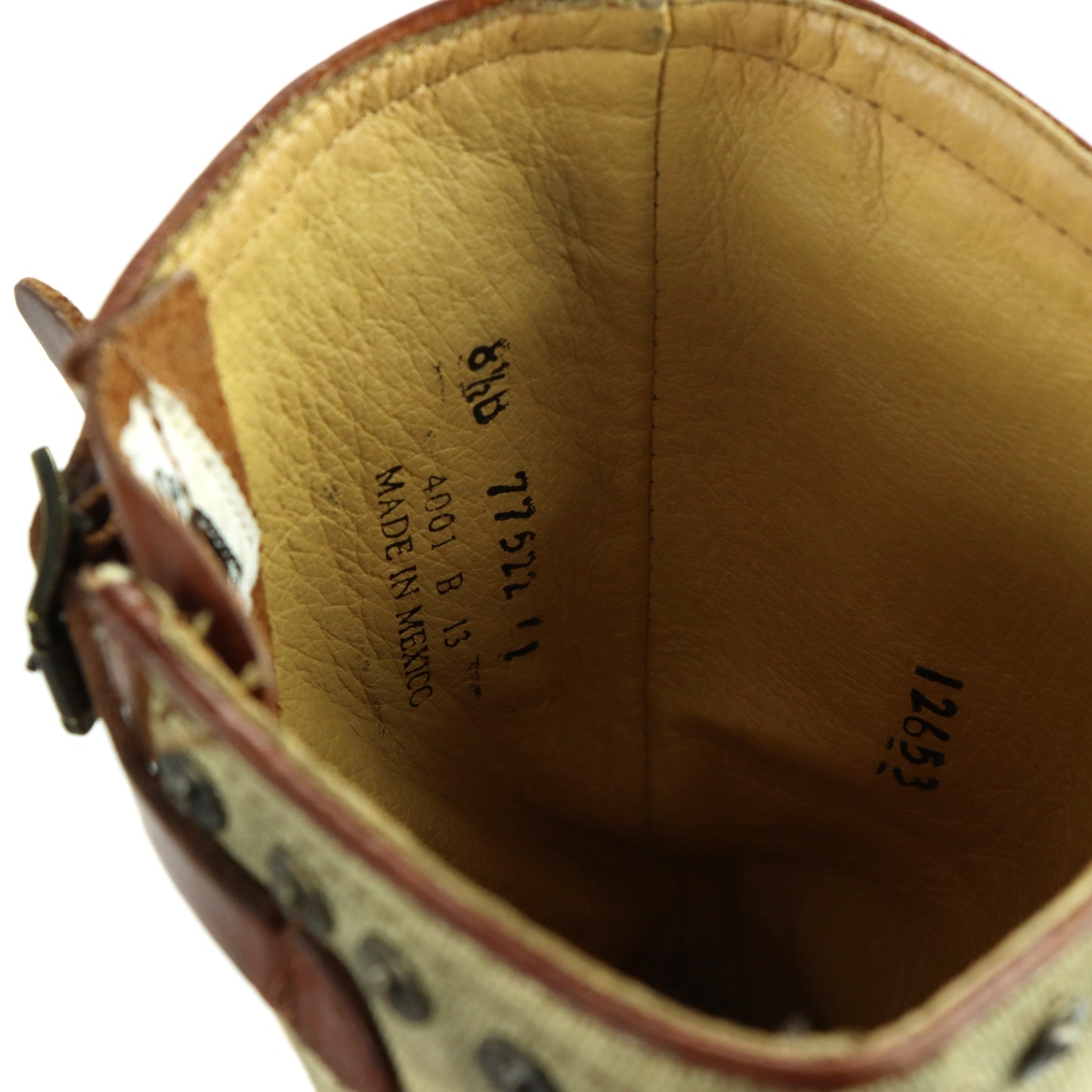 FRYE Brown Leather & Beige Canvas Studded Buckle Boots (8.5)