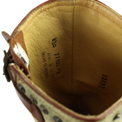 FRYE Brown Leather & Beige Canvas Studded Buckle Boots (8.5)