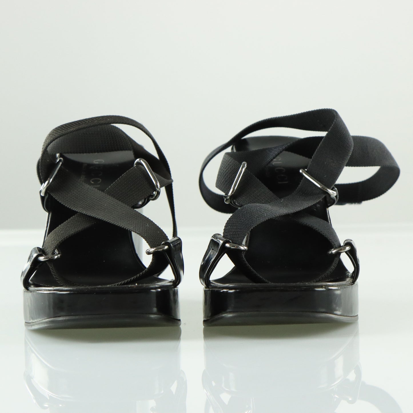 GUCCI Patent Leather Italian Made Black Adjustable Nylon Strap Wedges (8)