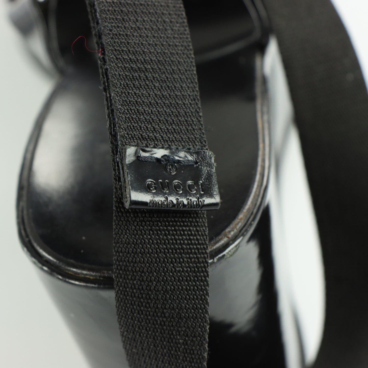 GUCCI Patent Leather Italian Made Black Adjustable Nylon Strap Wedges (8)