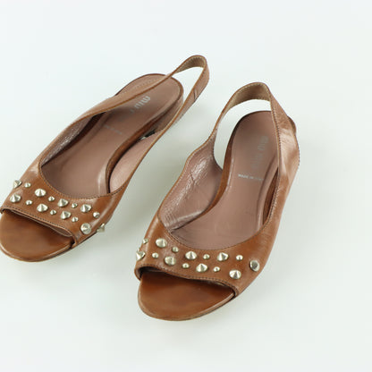 MIU MIU Hardware Slingback Italy Made Brown Leather Flats (38.5)