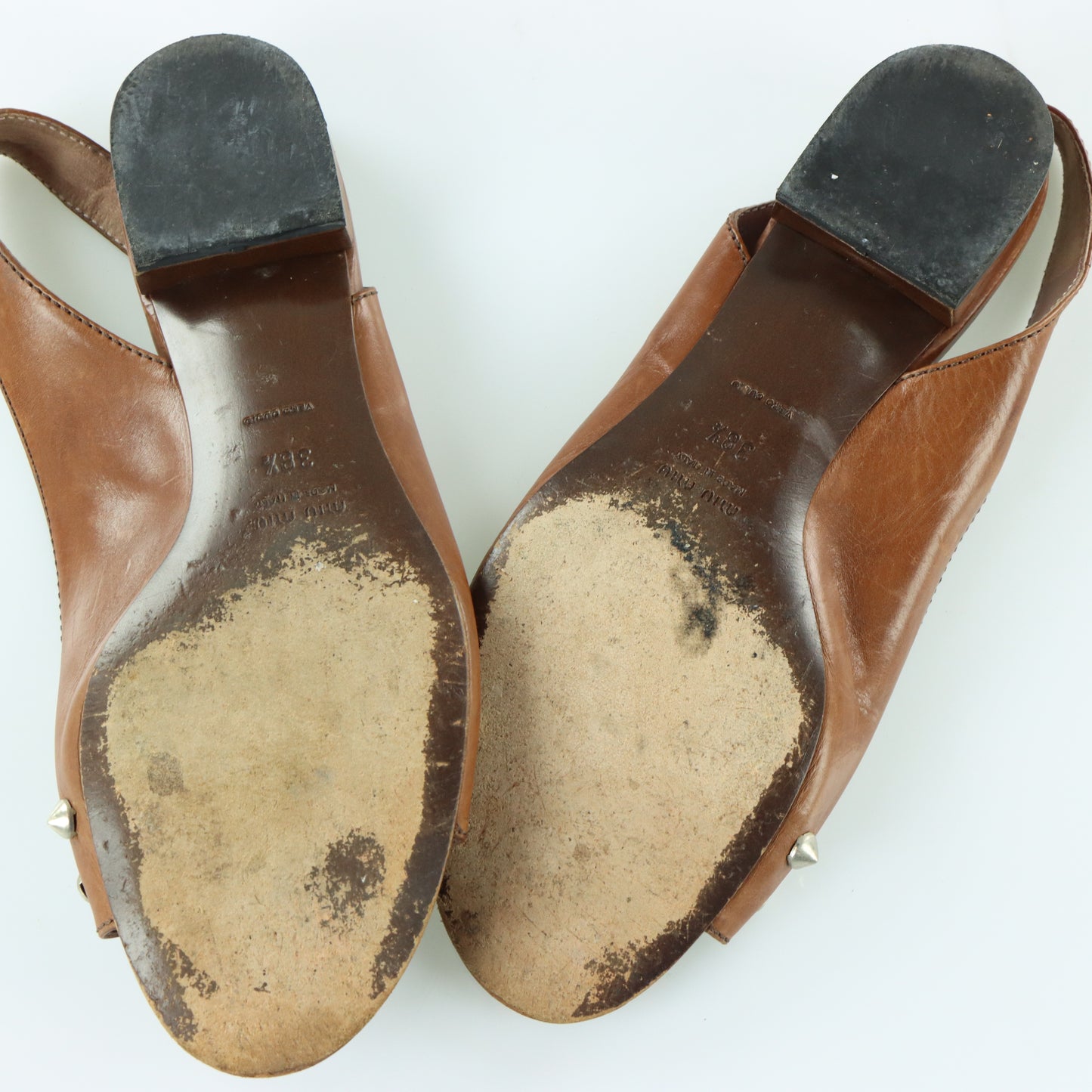MIU MIU Hardware Slingback Italy Made Brown Leather Flats (38.5)