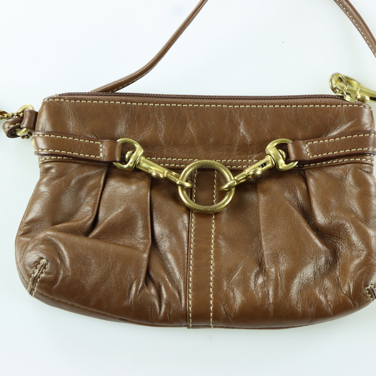 COACH Brown Leather Brass Buckle Wristlet Clutch Purse