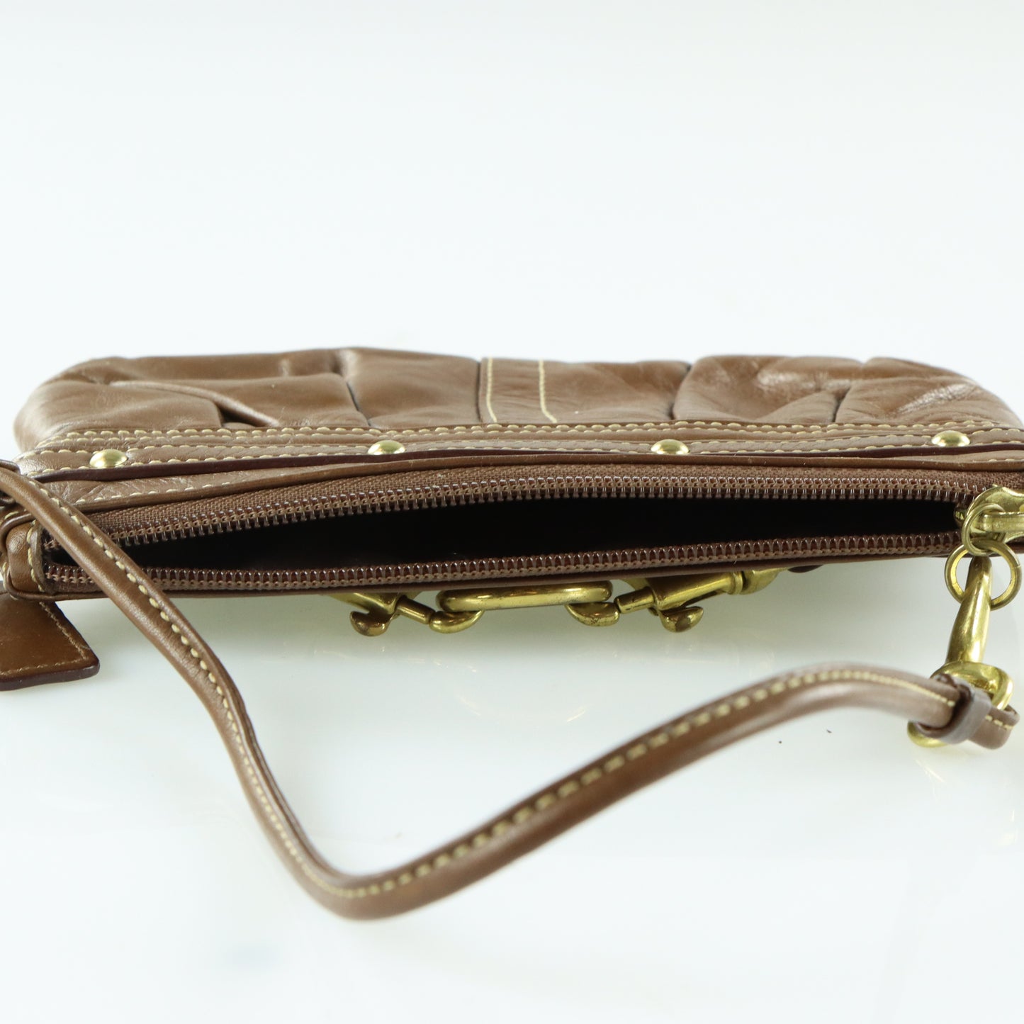 COACH Brown Leather Brass Buckle Wristlet Clutch Purse