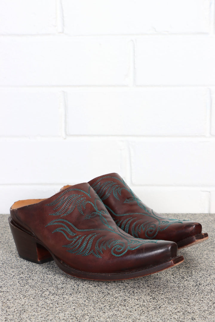 LUCCHESE Burgundy Brown & Teal Leather Cowboy Mules (6)