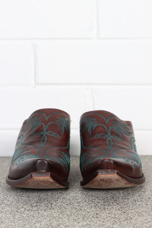 LUCCHESE Burgundy Brown & Teal Leather Cowboy Mules (7)