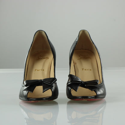 CHRISTIAN LOUBOUTIN Black Leather Bow Italian Made Peep Toe Stiletto Heels (37)